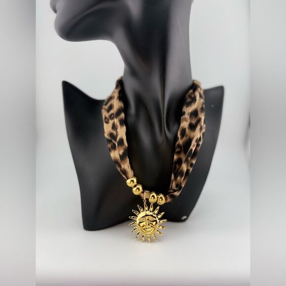 Leopard Print Scarf Necklace with Gold Sun Pendant – Bold, Glamorous & Unique - Picture 11 of 13